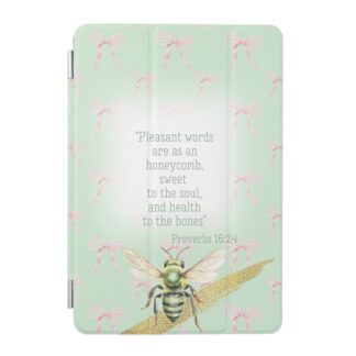 Custom Christian iPad Smart Cover with green pastel, pink bow matrix, green bee gold and faith design