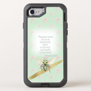 Custom Christian Otter Box Defender iPhone case with green pastel, pink bow matrix, green bee gold and faith design