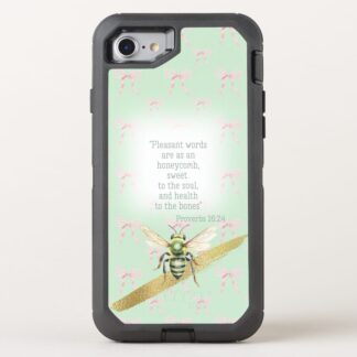 Custom Christian Otter Box Defender iPhone cover with green pastel, pink bow matrix, green bee gold and faith design