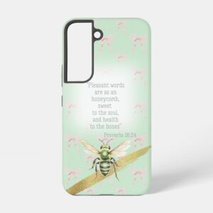 Custom Christian tough glossy phone case (Samsung & iPhone) with green pastel, pink bow matrix, green bee gold and faith design