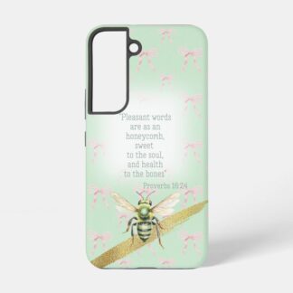 Custom Christian tough glossy phone cover (Samsung & iPhone) with green pastel, pink bow matrix, green bee gold and faith design