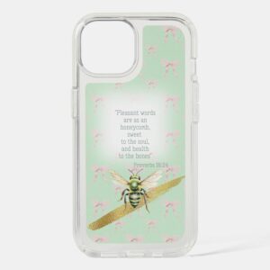 Custom Christian Speck Presidio Clear iPhone case with green pastel, pink bow matrix, green bee gold and faith design