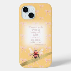 Custom Christian Case-Mate iPhone case with peach, pink bow grid, orange bee, gold and faith accents 