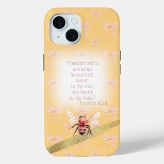 Custom Christian Case-Mate iPhone cover with peach, pink bow grid, orange bee, gold and faith accents