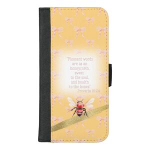Custom Christian universal faux leather wallet phone case with peach, pink bow grid, orange bee, gold and faith accents
