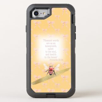 Custom Christian Otter Box Defender iPhone cover with peach, pink bow grid, orange bee, gold and faith accents