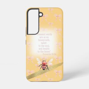 Custom Christian tough glossy phone case (Samsung & iPhone) with peach, pink bow grid, orange bee, gold and faith accents 