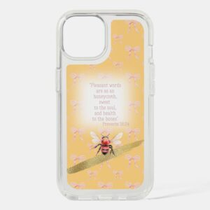 Custom Christian Speck Presidio Clear iPhone case with peach, pink bow grid, orange bee, gold and faith accents