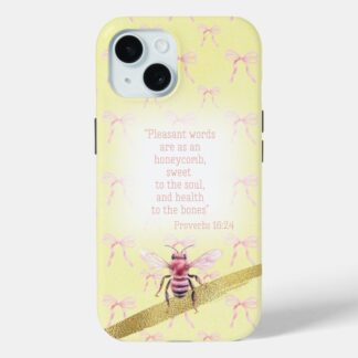 Custom Christian Case-Mate iPhone cover with yellow, pink bow grid, pink bee, gold and scripture design
