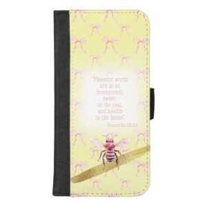 Custom Christian universal faux leather wallet phone case with yellow, pink bow grid, pink bee gold and scripture design