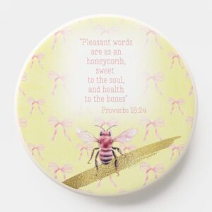 Custom Christian PopSocket with yellow, pink bow grid, pink bee, gold and scripture design