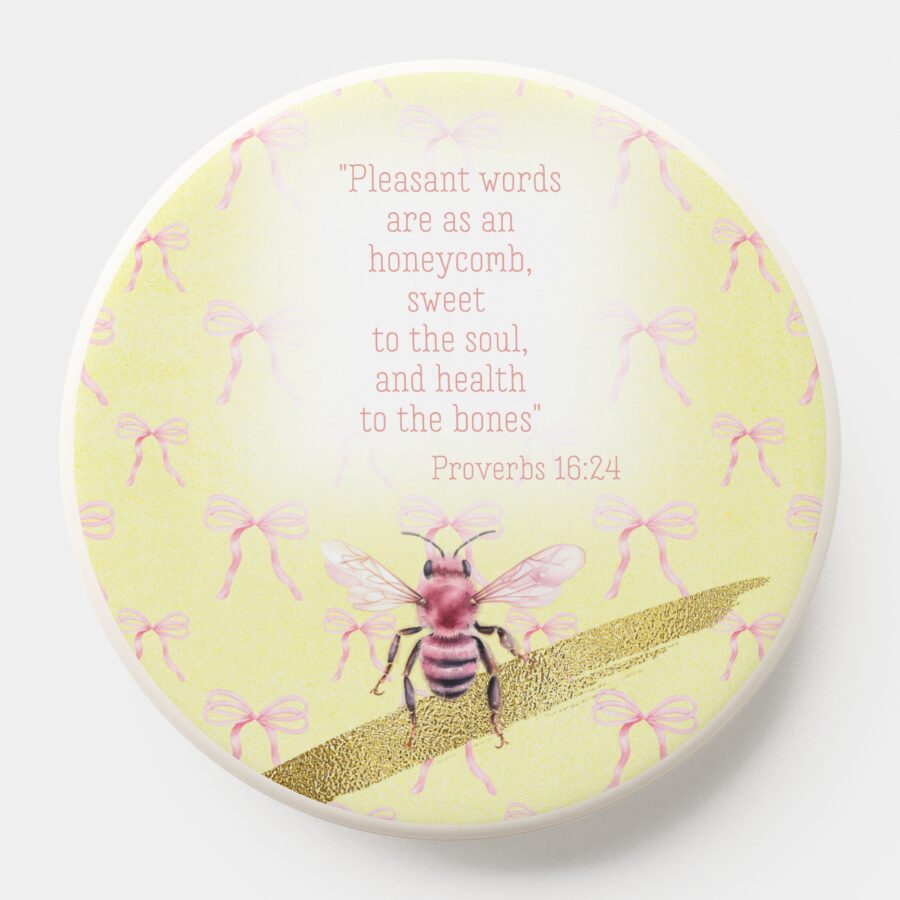 Custom Christian Pop Socket with yellow, pink bow grid, pink bee, gold and scripture accents