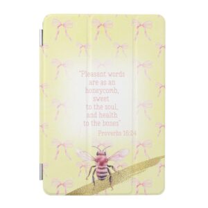 Custom Christian iPad Smart Case with yellow, pink bow grid, pink bee, gold and scripture design