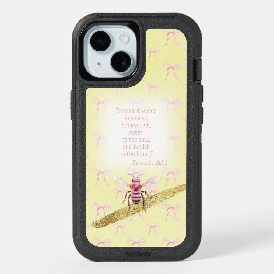 Custom Christian Otter Box Defender iPhone cover with yellow, pink bow grid, pink bee, gold and scripture design