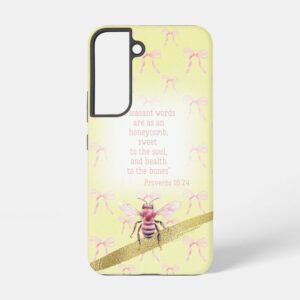 Custom Christian tough glossy phone case (Samsung & iPhone) with yellow, pink bow grid, pink bee, gold and scripture design