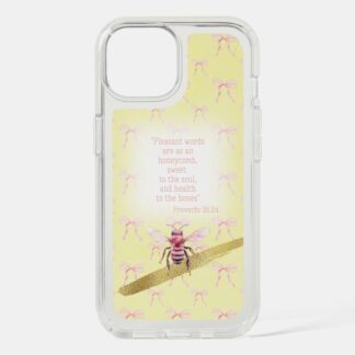 Custom Christian Speck Presidio Clear iPhone cover with yellow, pink bow grid, pink bee, gold and scripture design