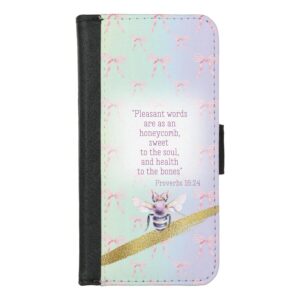 Custom Christian universal faux leather wallet phone case with rainbow, pink bow grid, mauve bee, gold and faith motifs