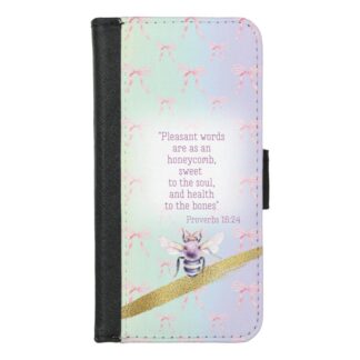 Custom Christian universal faux leather wallet phone cover with rainbow, pink bow grid, mauve bee, gold and faith motifs