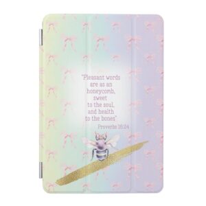 Custom Christian iPad Smart Case with rainbow, pink bow grid, mauve bee, gold and faith motifs

