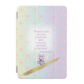 Custom Christian iPad Smart Cover with rainbow, pink bow grid, mauve bee, gold and faith motifs