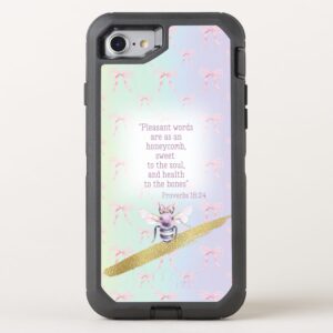 Custom Christian Otter Box Defender iPhone case with rainbow, pink bow grid, mauve bee, gold and faith motifs