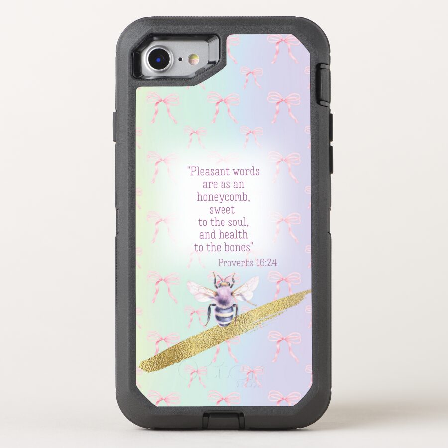 Custom Christian Otter Box Defender iPhone ccover with rainbow, pink bow grid, mauve bee, gold and faith motifs