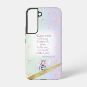 Custom Christian tough glossy phone case (Samsung & iPhone) with rainbow, pink bow grid, mauve bee, gold and faith motifs