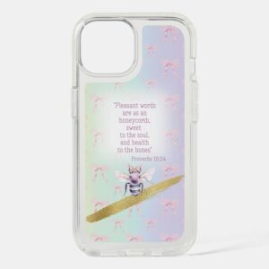 Custom  Christian Speck Presidio Clear iPhone case with rainbow, pink bow grid, mauve bee, gold and faith motifs