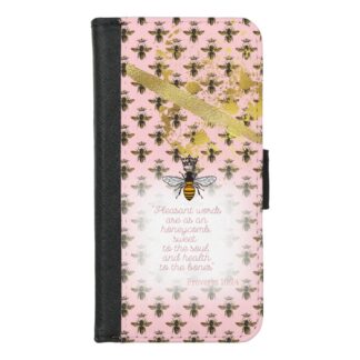 Girly Universal faux leather Christian wallet cover with pink, bee matrix, gold accent, queen bee and scripture design