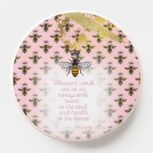 Girly Christian Pop Socket/Mag Safe Pop Socket with pink, bee matrix, gold accent, queen bee and scripture design.
