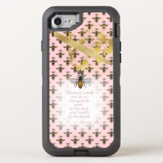 Girly Otterbox Defender iPhone Christian phone case with pink, bee matrix, gold accent, queen bee and scripture design.