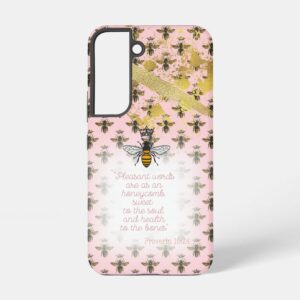 Girly Samsung/iPhone tough Christian phone cover with pink, bee matrix, gold accent, queen bee and scripture design