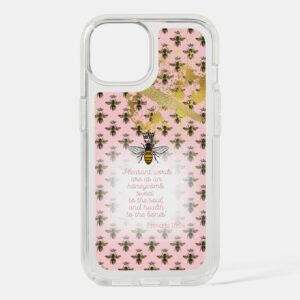 Girly Speck Presidio Clear Christian iPhone cover with pink, bee matrix, gold accent, queen bee and scripture design