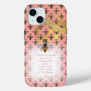 Chic Case-Mate tough iPhone Christian phone cover with coral tone, bee grid, gold accent, queen bee and scripture design.