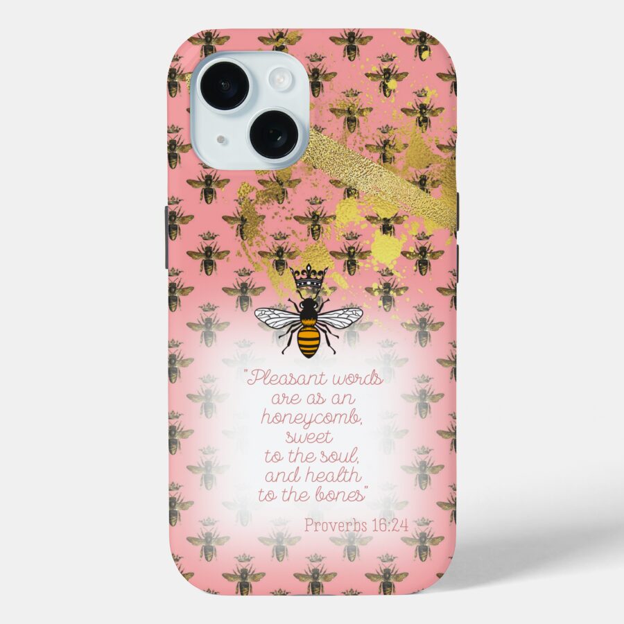Chic Case-Mate tough iPhone Christian phone crase with coral tone, bee grid, gold accent, queen bee and scripture design.