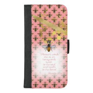 Chic Universal faux leather Christian wallet case with coral tone, bee grid, gold accent, queen bee and scripture design.