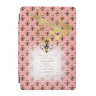 Chic Custom iPad Smart Christian case with coral tone, bee grid, gold accent, queen bee and scripture design.