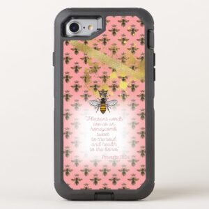 Chic Otter Box Defender iPhone Christian phone case with coral tone, bee grid, gold accent, queen bee and scripture design.