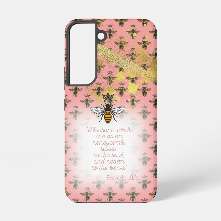 Chic Samsung/iPhone tough Christian phone case with coral tone, bee grid, gold accent, queen bee and scripture design.