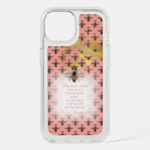 Chic Speck Presidio Clear Christian iPhone cover with coral tone, bee grid, gold accent, queen bee and scripture design.