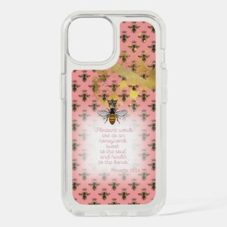Chic Speck Presidio Clear Christian iPhone case with coral tone, bee grid, gold accent, queen bee and scripture design.