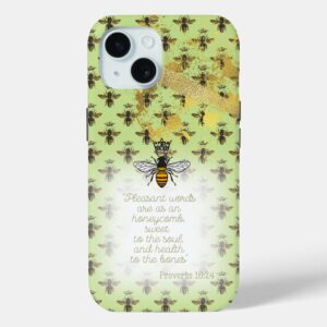 Cute Case-Mate tough iPhone Christian phone cover with lime tone, bee grid, gold accent, queen bee and scripture design