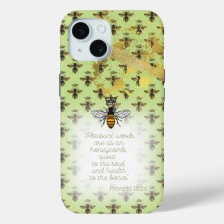 Cute Case-Mate tough iPhone Christian phone case with lime tone, bee grid, gold accent, queen bee and scripture design.