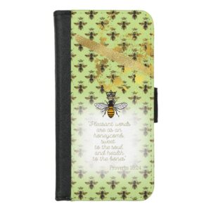 Cute Universal faux leather Christian wallet case with lime tone, bee grid, gold accent, queen bee and scripture design. 