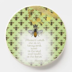 Cute Christian Pop Socket/Mag Safe Pop Socket with lime tone, bee grid, gold accent, queen bee and scripture design.