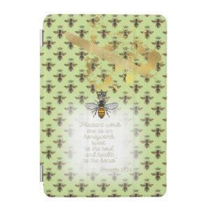 Cute Custom iPad Smart Christian cover with lime tone, bee grid, gold accent, queen bee and scripture design.