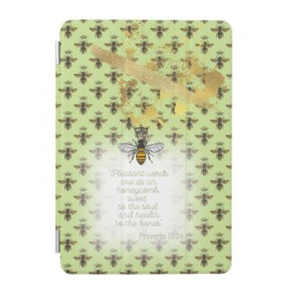 Cute Custom iPad Smart Christian case with lime tone, bee grid, gold accent, queen bee and scripture design.