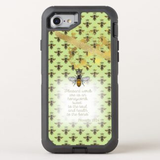 Cute Otter Box Defender iPhone Christian phone cover with lime tone, bee grid, gold accent, queen bee and scripture design.