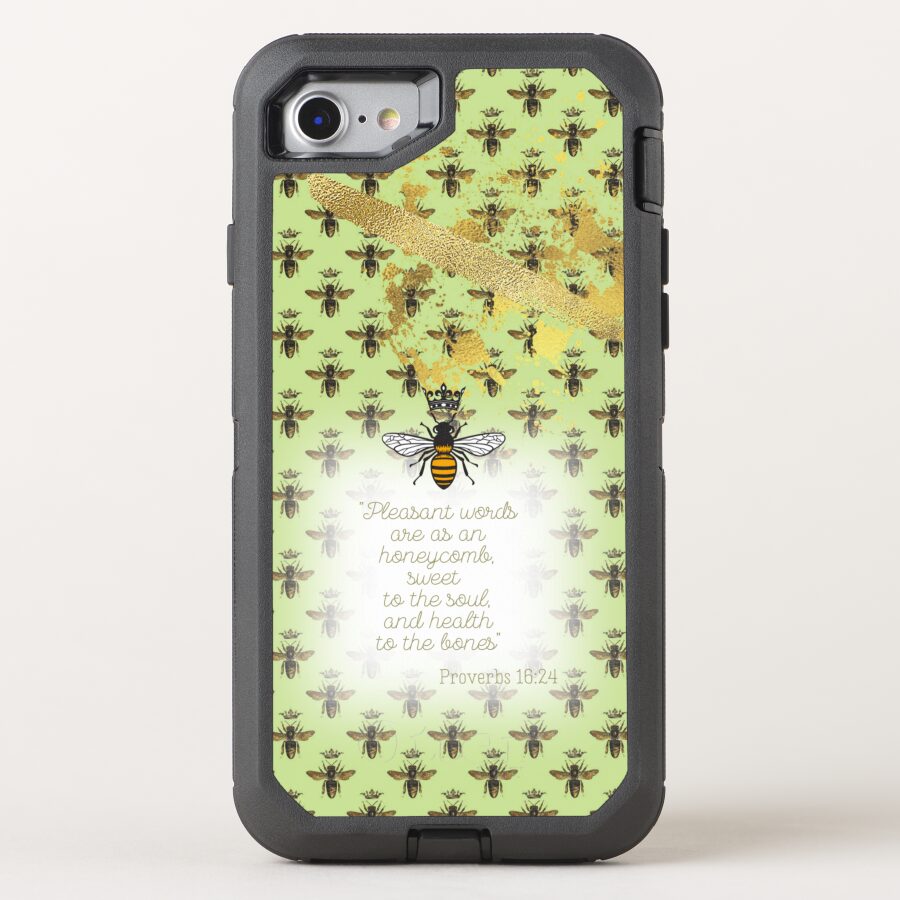 Cute Otter Box Defender iPhone Christian phone cover with lime tone, bee grid, gold accent, queen bee and scripture design.