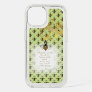 Cute Speck Presidio Clear Christian iPhone cover with lime tone, bee grid, gold accent, queen bee and scripture design.